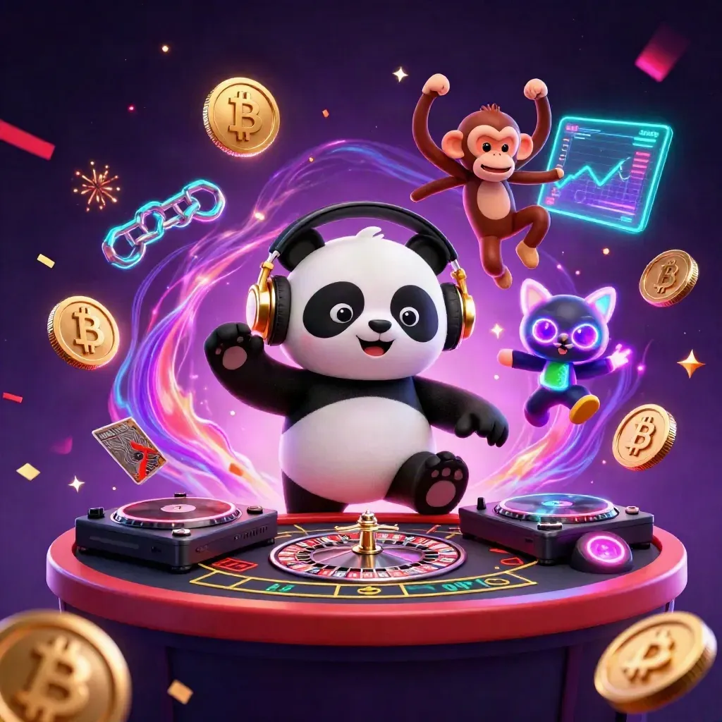 DJ panda, monkey, and kitten amid neon casino effects and floating crypto symbols
