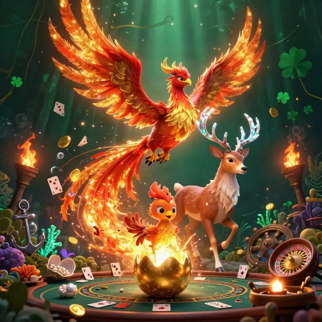 Phoenixes and a crystalline stag in a crimson-gold treasure cove with casino symbols.