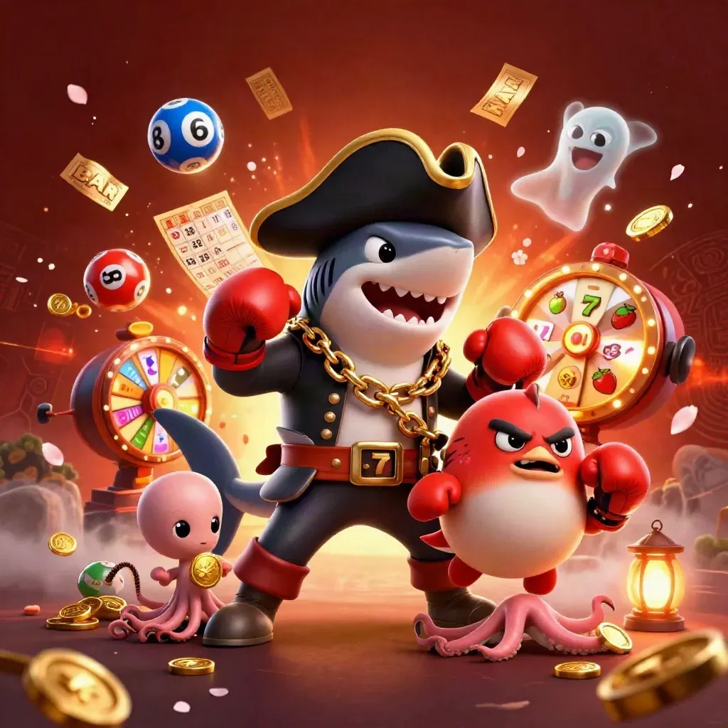 Pirate shark, red pufferfish, and baby octopus burst through casino loot in crimson firelight.
