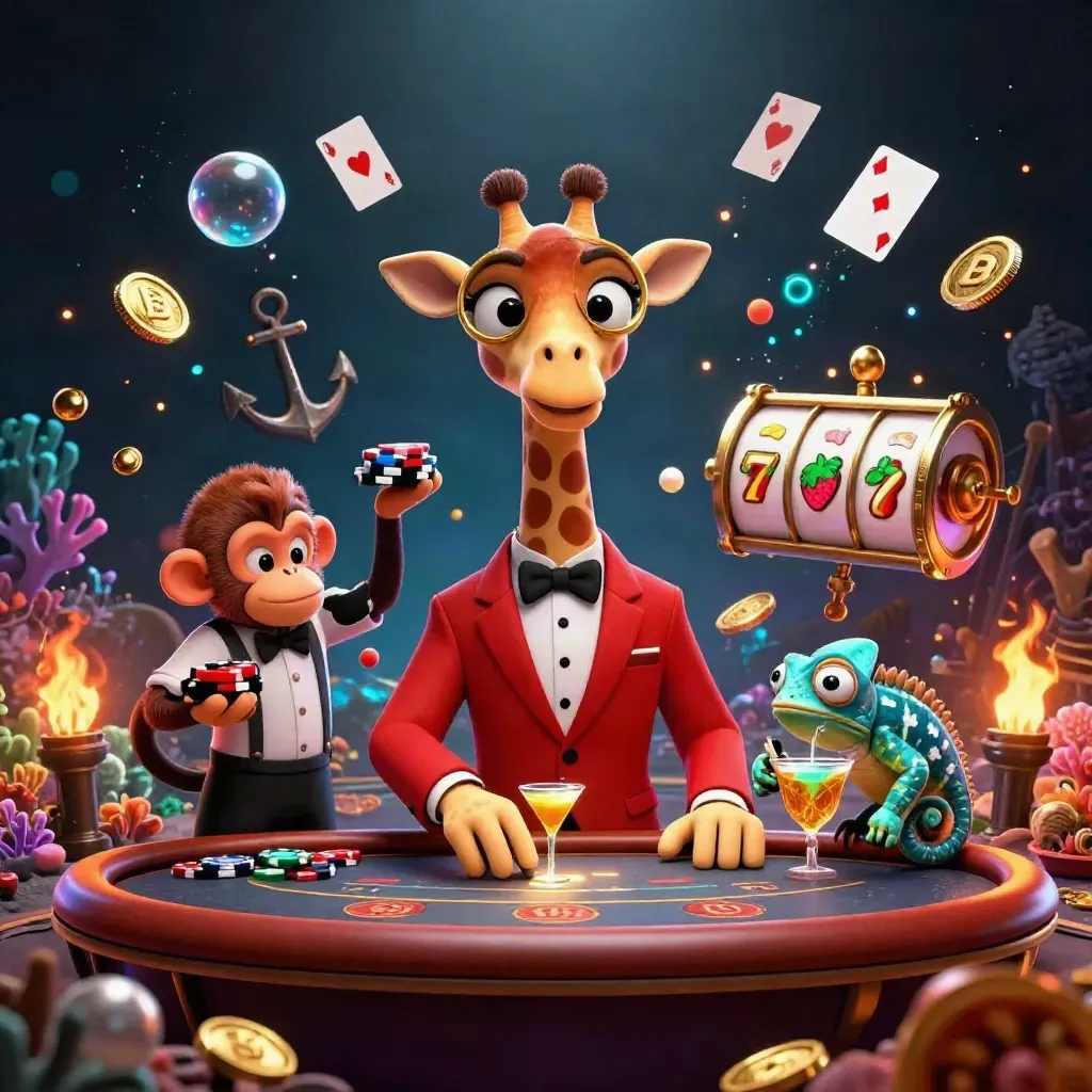 Giraffe, monkey valet, and chameleon bartender at a VIP table amid treasure, coins, coral, cyan glow.