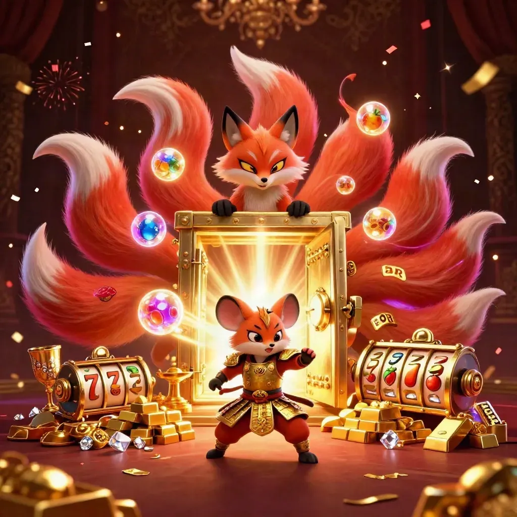 Neon fox spirit and armored mouse amid vault gold, gems, reels, and crimson casino magic.